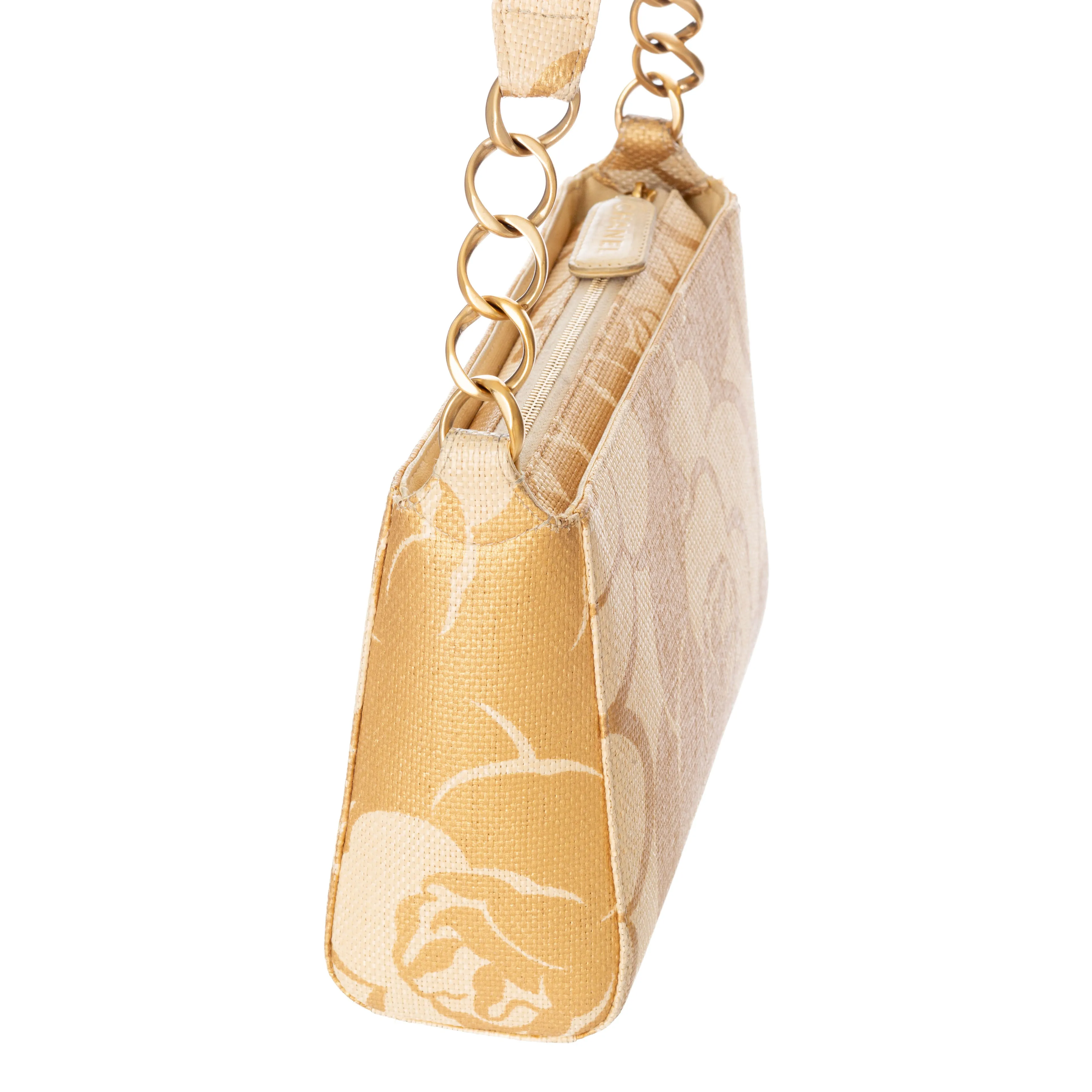 2003 Raffia Gold Camellia Print Shoulder Bag