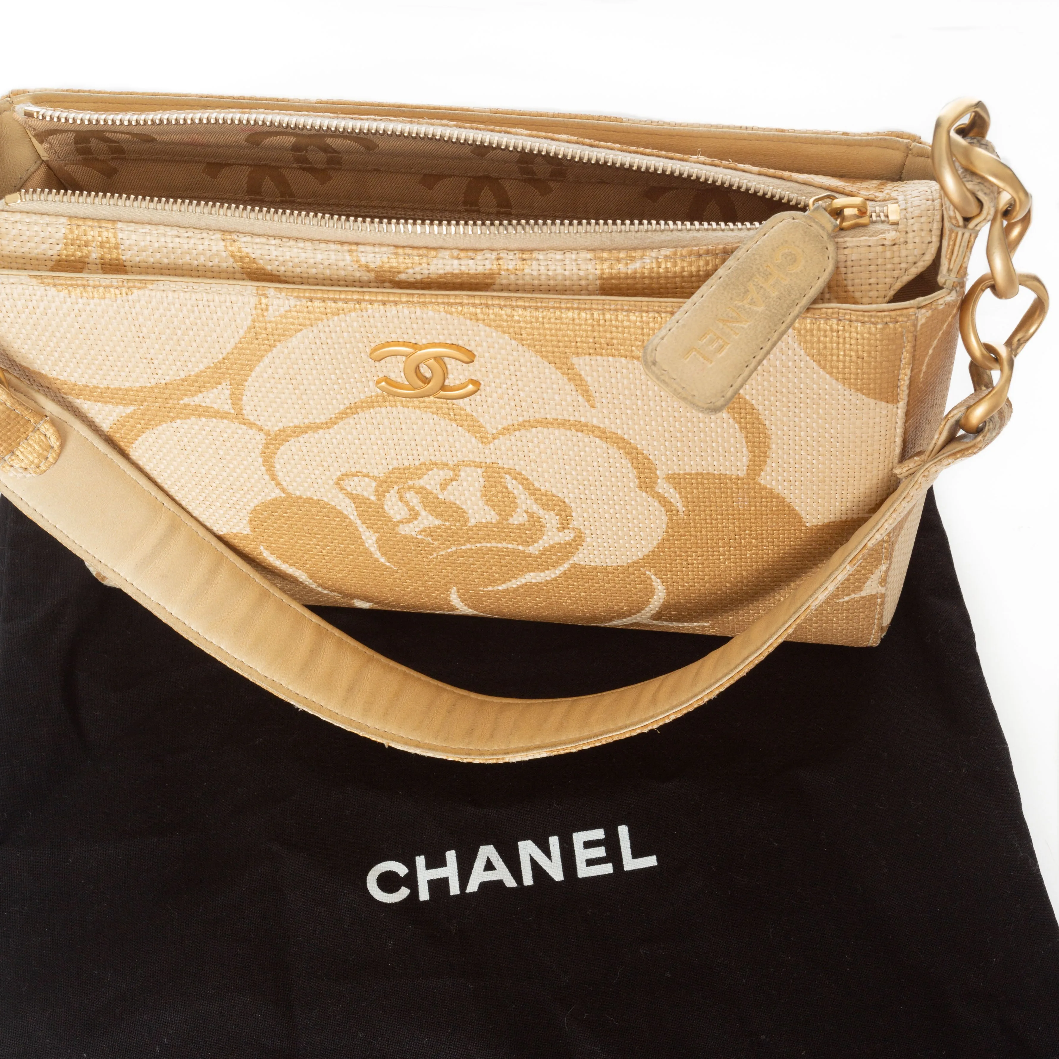 2003 Raffia Gold Camellia Print Shoulder Bag