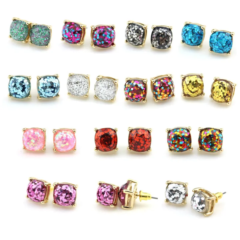 2016 Glitter Stud Earrings Women Jewelry Gold Kate New York Small Square Earrings Obsessed Party Earrings 14 Colors Option