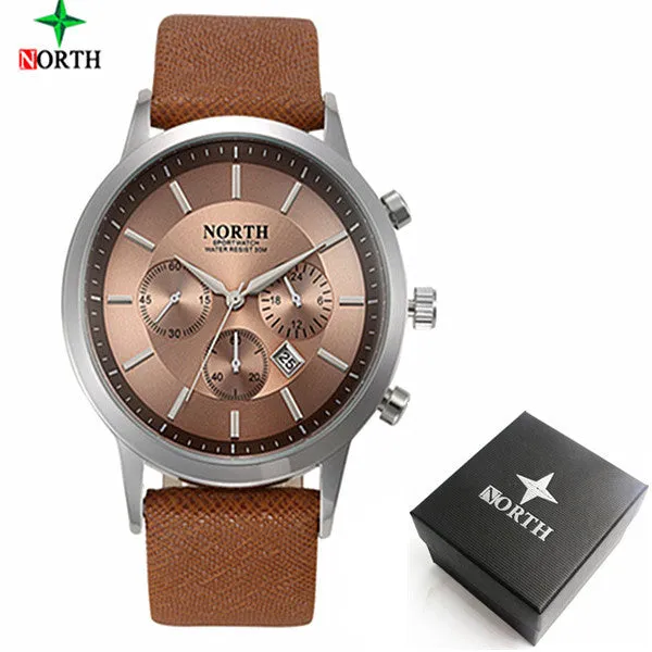 2016 Mens Watches NORTH Brand Luxury Casual Military Quartz Sports Wristwatch Leather Strap Male Clock watch relogio masculino