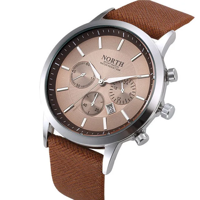 2016 Mens Watches NORTH Brand Luxury Casual Military Quartz Sports Wristwatch Leather Strap Male Clock watch relogio masculino