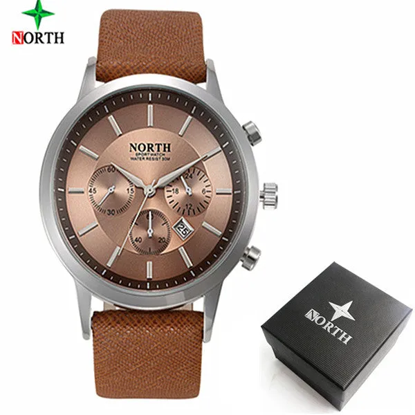 2017 Mens Watches NORTH Brand Luxury Casual Military Quartz Sports Wristwatch Leather Strap Male Clock watch relogio masculino