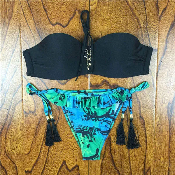 2017 Summer Style Floral Print Women Bikinis Set Crochet Lace Swimsuit Strapless Push Up Bandeau Biquinis Beachwear Bathing Suit