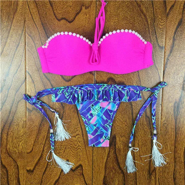 2017 Summer Style Floral Print Women Bikinis Set Crochet Lace Swimsuit Strapless Push Up Bandeau Biquinis Beachwear Bathing Suit