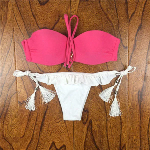 2017 Summer Style Floral Print Women Bikinis Set Crochet Lace Swimsuit Strapless Push Up Bandeau Biquinis Beachwear Bathing Suit