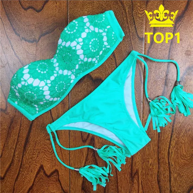 2017 Summer Style Floral Print Women Bikinis Set Crochet Lace Swimsuit Strapless Push Up Bandeau Biquinis Beachwear Bathing Suit