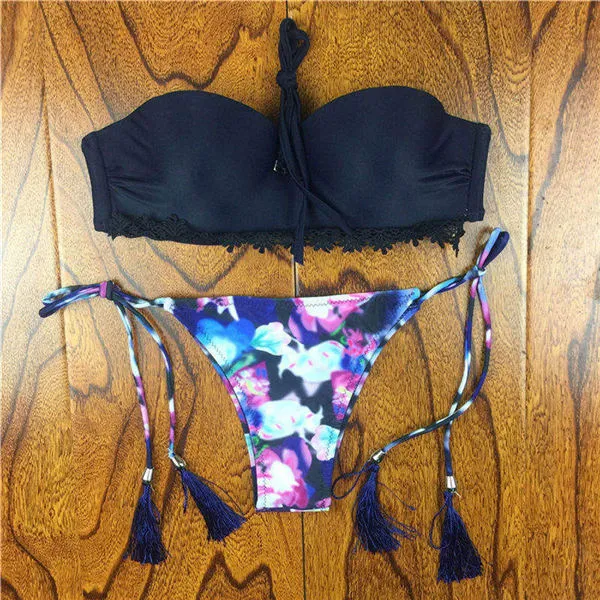 2017 Summer Style Floral Print Women Bikinis Set Crochet Lace Swimsuit Strapless Push Up Bandeau Biquinis Beachwear Bathing Suit