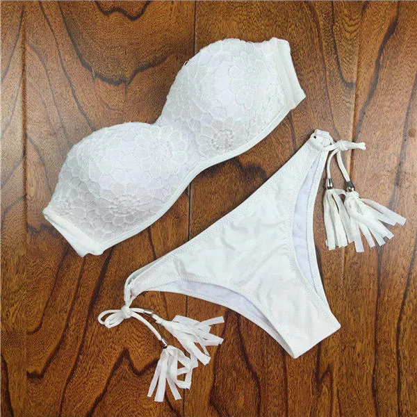 2017 Summer Style Floral Print Women Bikinis Set Crochet Lace Swimsuit Strapless Push Up Bandeau Biquinis Beachwear Bathing Suit