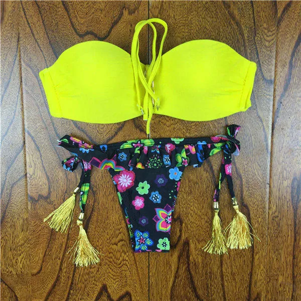 2017 Summer Style Floral Print Women Bikinis Set Crochet Lace Swimsuit Strapless Push Up Bandeau Biquinis Beachwear Bathing Suit