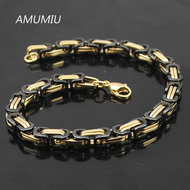 AMUMIU Promotion! Men's Bracelets Gold Chain Link Bracelet Stainless Steel 5.5mm Width Byzantine Wholesale High Quality KB002