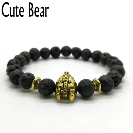 Antique Gold Roman Knight Spartan Warrior Gladiator Helmet Bracelet Men Black Matte Lava Stone Bead Bracelets For Men Jewelry