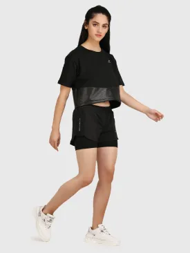 Black Leather Patch Women's Fitness Crop Top