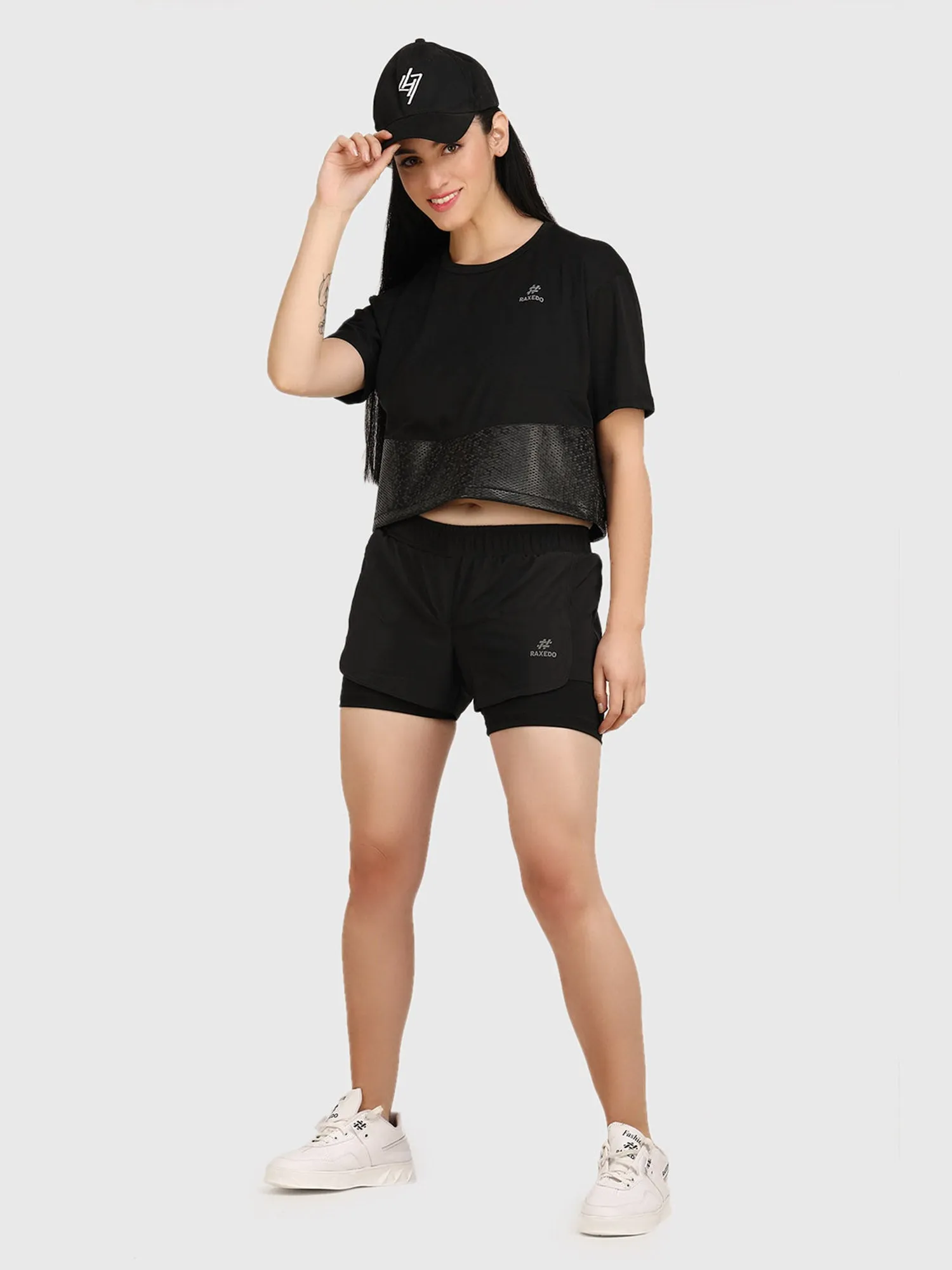 Black Leather Patch Women's Fitness Crop Top