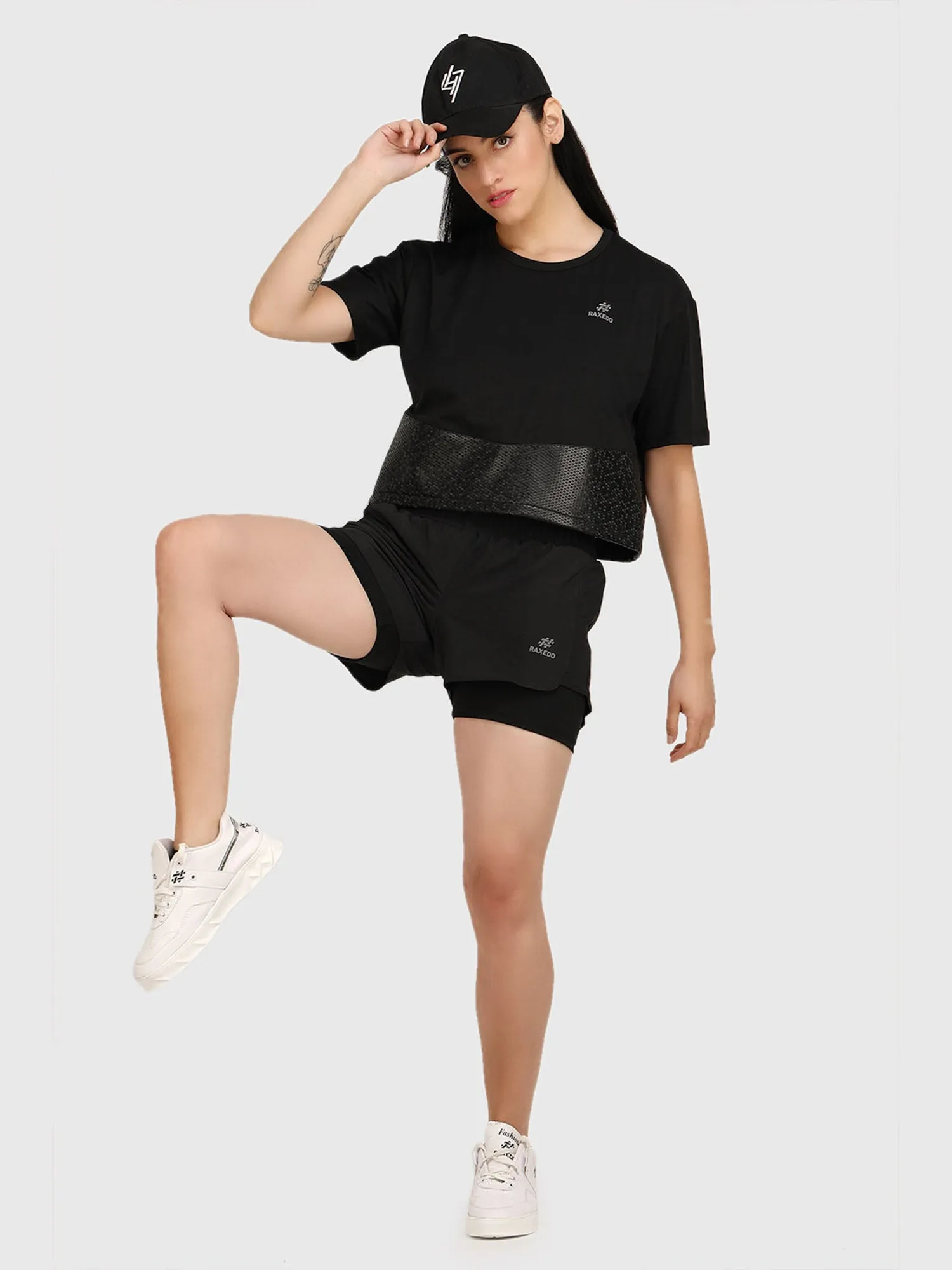 Black Leather Patch Women's Fitness Crop Top