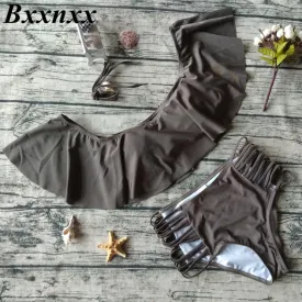 Bxxnxx High Waisted Swimwear Women Off Shulder Bikini Set Bandeau Ruffle Vintage Bikini Swimsuit Cut Out Bottom Bathing