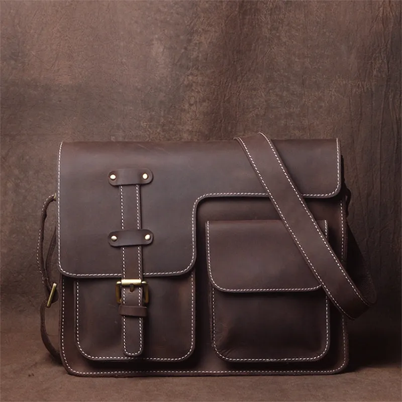 Crazy Horse Leather Shoulder Bag, Black Crossbody Bag for Men, Leather Messenger Bag, Groomsmen Gift