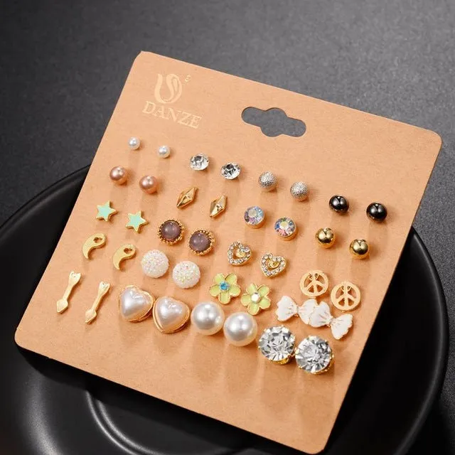 DANZE 20 Pairs/lot Punk Fashion Stud Earrings Set For Women Elegant Mixed Crystal Flower Bow metal Ball Earings Jewelry 5 Styles