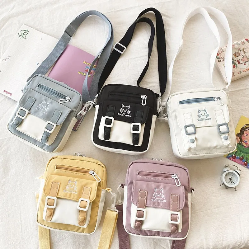 deanwangkt  Japanese Kawaii Bag Girls Small Crossbody Bags For Women Cat Embroidery Nylon Bag Mini Shoulder Bag Mobile Phone Bag Purses