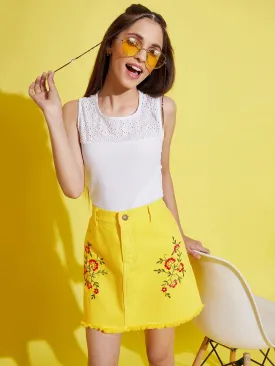 Girls Yellow Embroidery Raw Hem Denim Mini Skirt