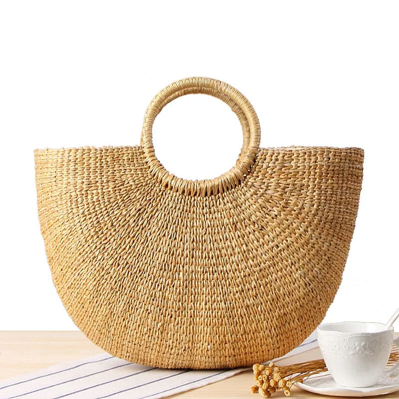 Handbags for women hand-carried straw bag handmade yellow grass woven women's bag colorful tassel wool ball beach bag