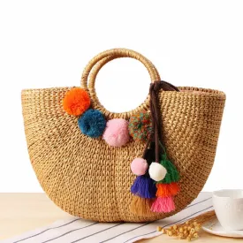 Handbags for women hand-carried straw bag handmade yellow grass woven women's bag colorful tassel wool ball beach bag