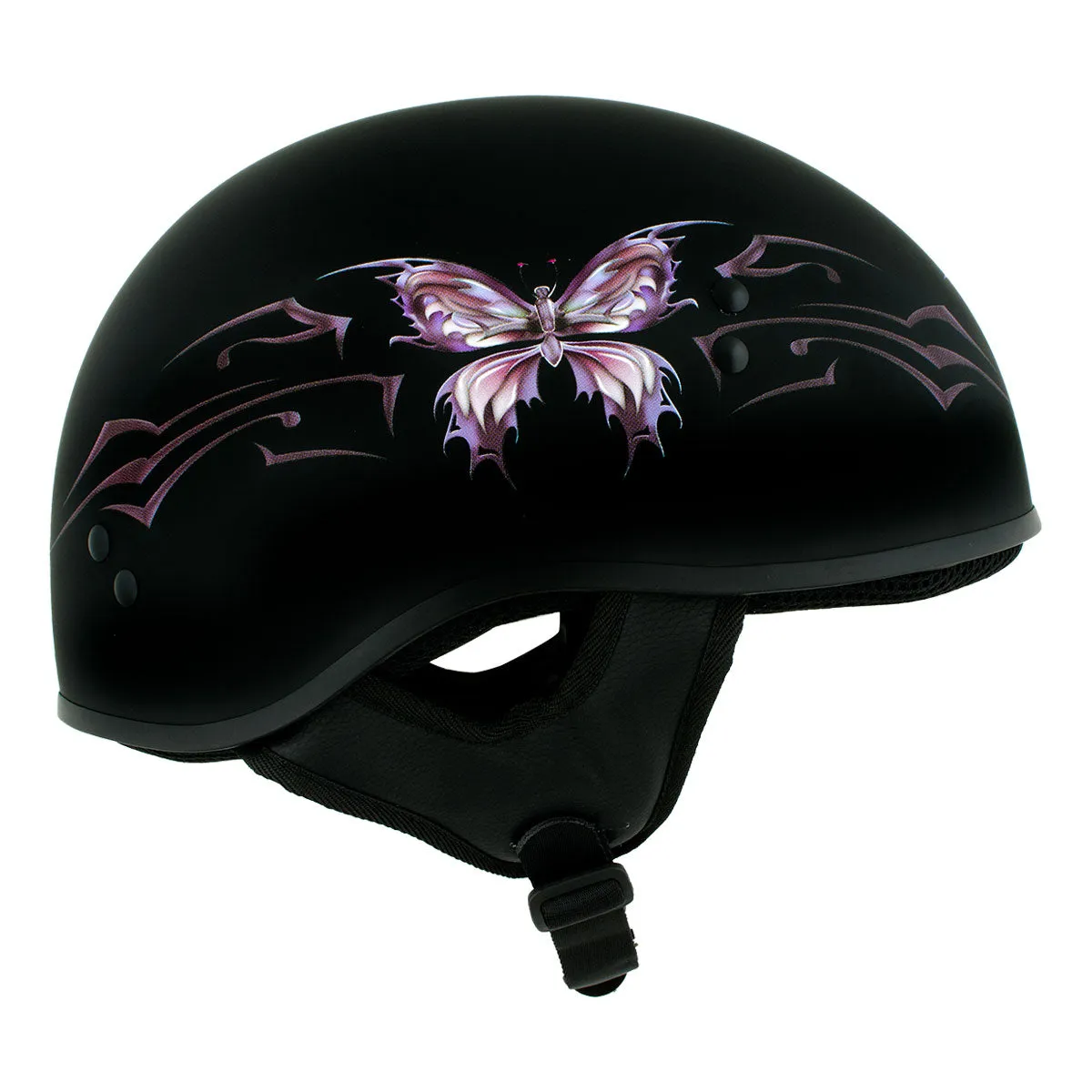 Hot Leathers HLD1052 New Purple Butterfly Flat Black Motorcycle DOT Skull Cap Half Helmet for Men and Women Biker