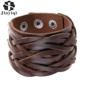 Jiayiqi New 3 Colors Genuine Leather Bracelets Punk Wide Cuff Bracelets & Bangles for Women Men Jewelry Accessories Wristband