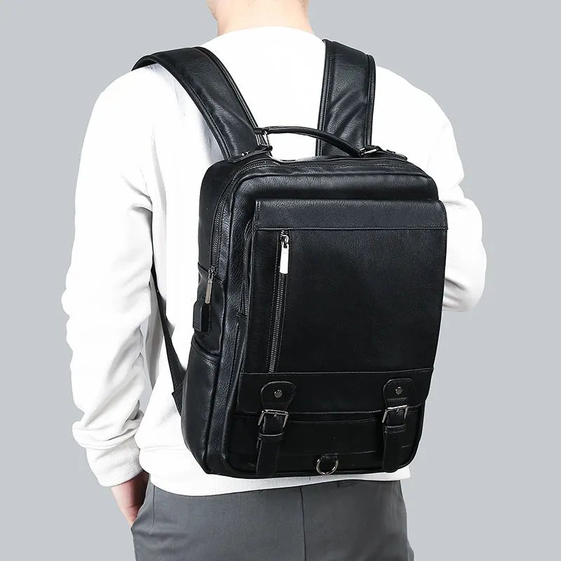 Men's Leather Bag New Large Capacity Men's USB Charging Backpack Computer Bag Travel Backpack Cross-Border Leather Bag Men