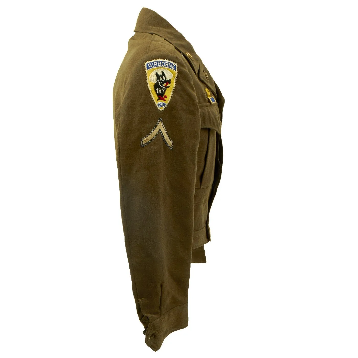 Original U.S. WWII 187th Glider Infantry Regiment (GIR) Named Ike Jacket and Hand Painted B-4 Bag