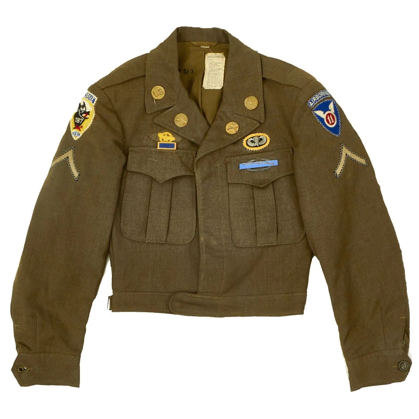 Original U.S. WWII 187th Glider Infantry Regiment (GIR) Named Ike Jacket and Hand Painted B-4 Bag