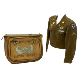 Original U.S. WWII 187th Glider Infantry Regiment (GIR) Named Ike Jacket and Hand Painted B-4 Bag