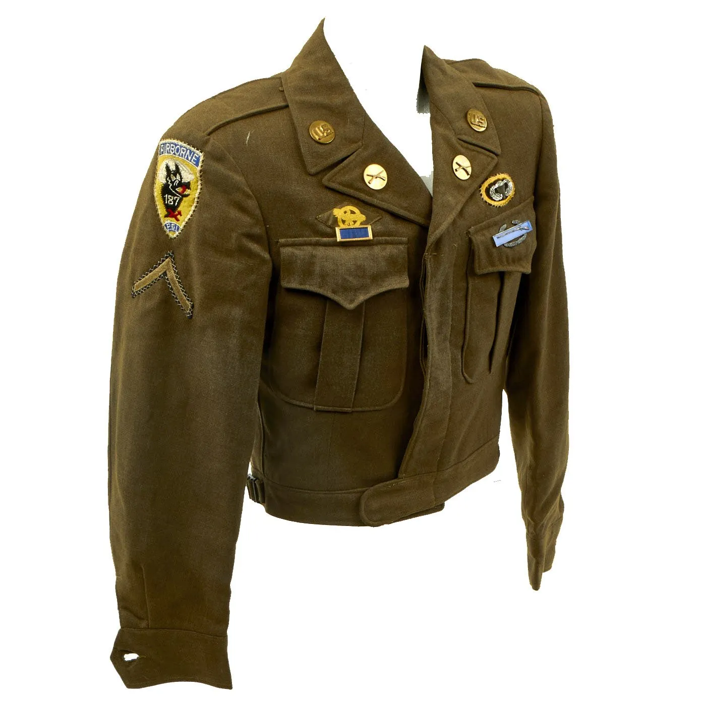 Original U.S. WWII 187th Glider Infantry Regiment (GIR) Named Ike Jacket and Hand Painted B-4 Bag