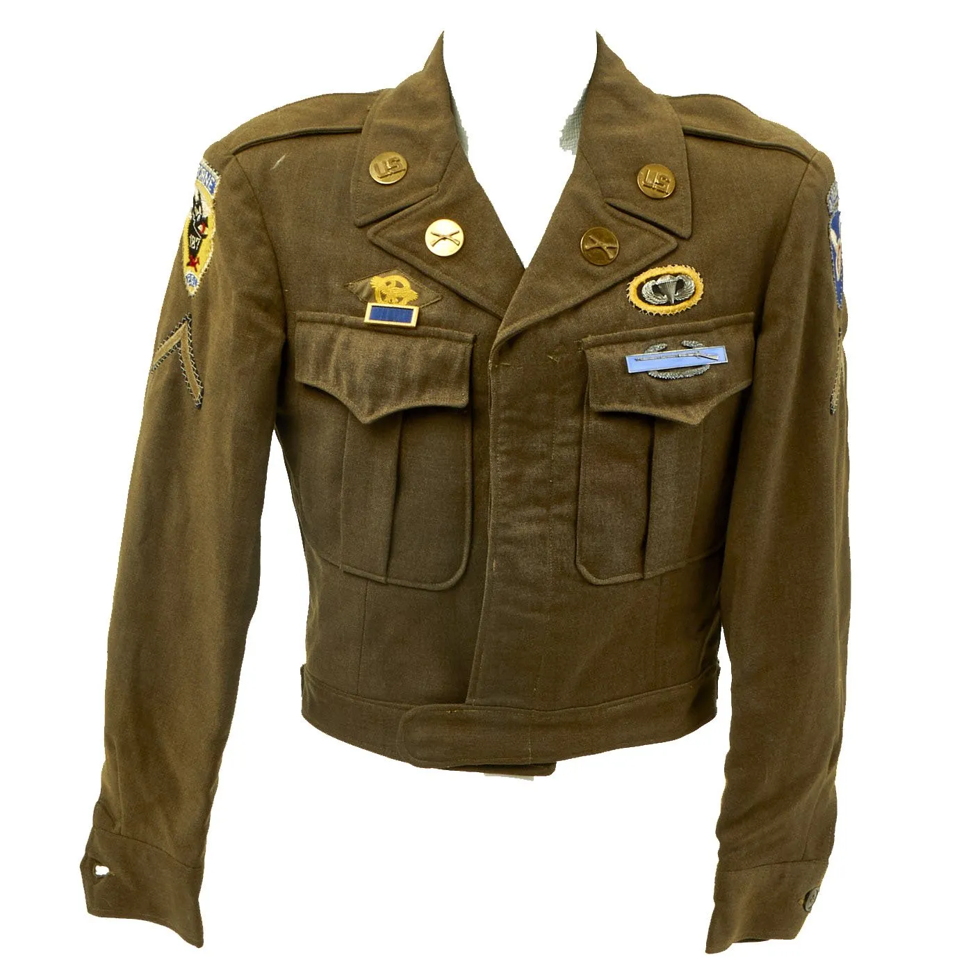 Original U.S. WWII 187th Glider Infantry Regiment (GIR) Named Ike Jacket and Hand Painted B-4 Bag