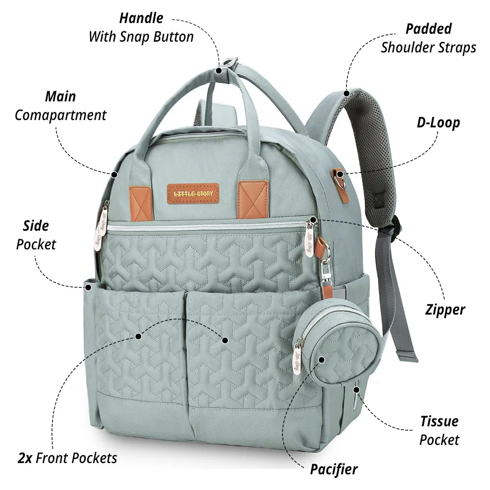 Quilted Diaper Backpack with Pacifier bag and Stroller hooks - Wedgewood Green