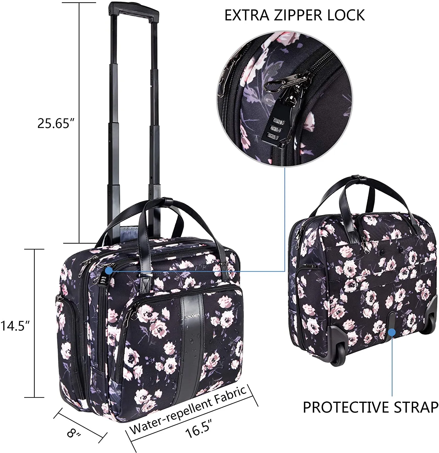 Rolling Laptop Bag, Briefcase, RFID Pockets, Water-Proof, Fits up to 15.6" Laptop, Pink & Lavender on Black