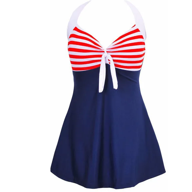 Sexy Plus Size Stripe Padded Halter Skirt Swimwear Women One Piece Suits Swimsuit Beachwear Bathing Suit Swimwear Dress M To 4XL