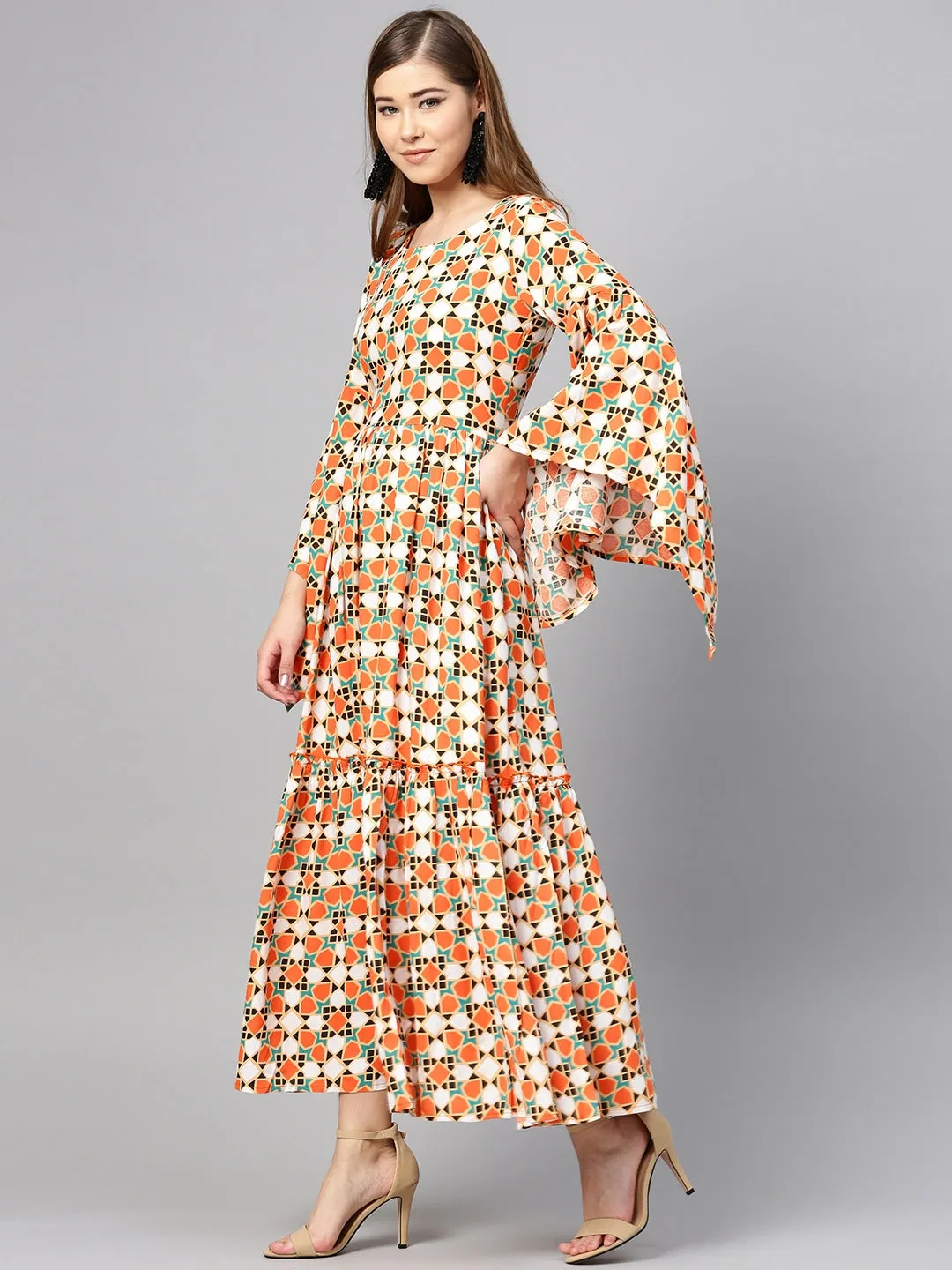 Women Orange & Off White Printed Dress