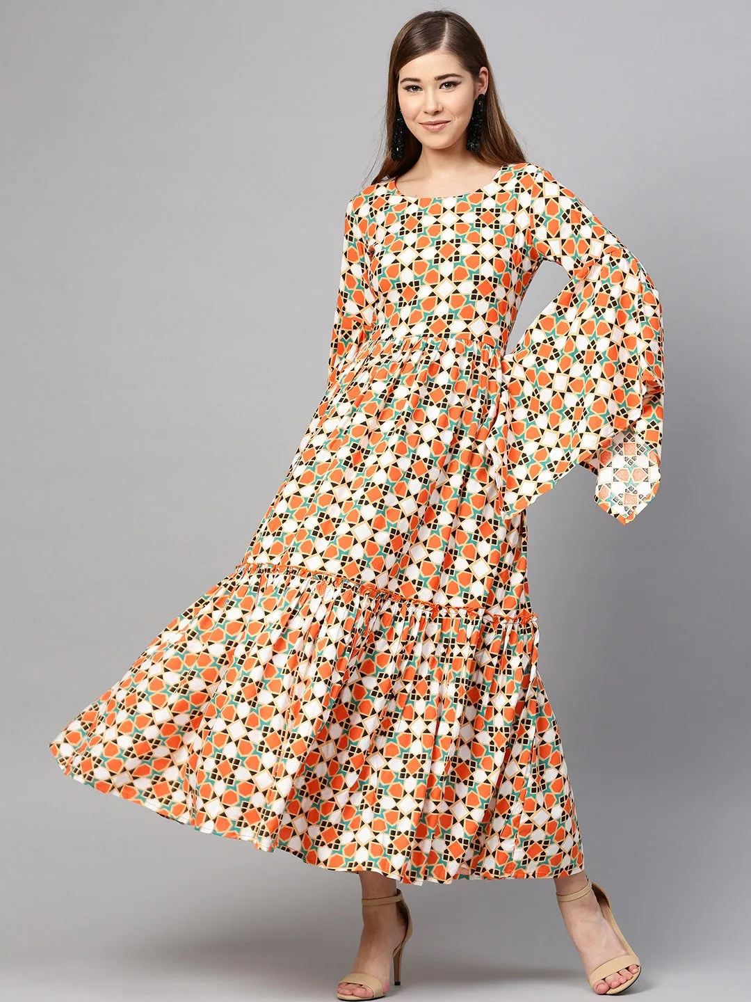 Women Orange & Off White Printed Dress