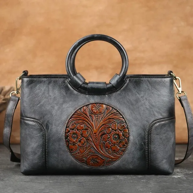 Women Retro Handmade Embossed Shoulder Bag